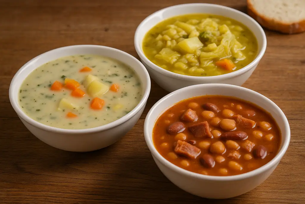 Three bowls of traditional Canarian soups: creamy vegetable soup, cabbage and barley potaje, and bean stew with chorizo.