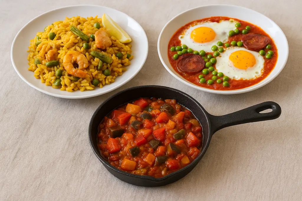 Paella, flamenco-style baked eggs, and ratatouille stew on light linen tablecloth