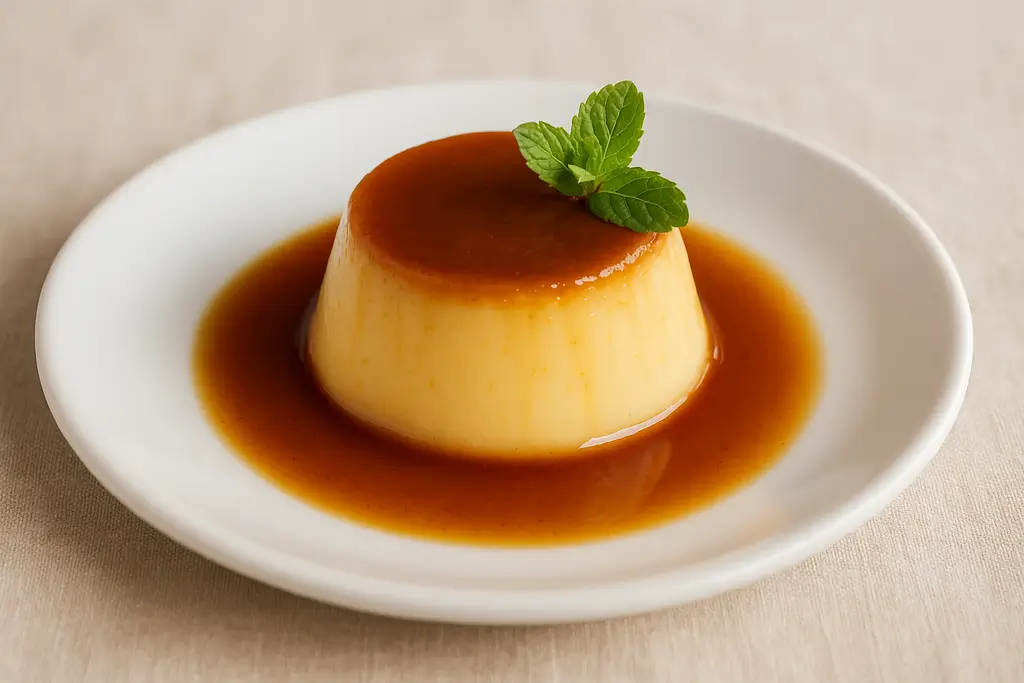 Homemade flan with caramel sauce served on a white plate