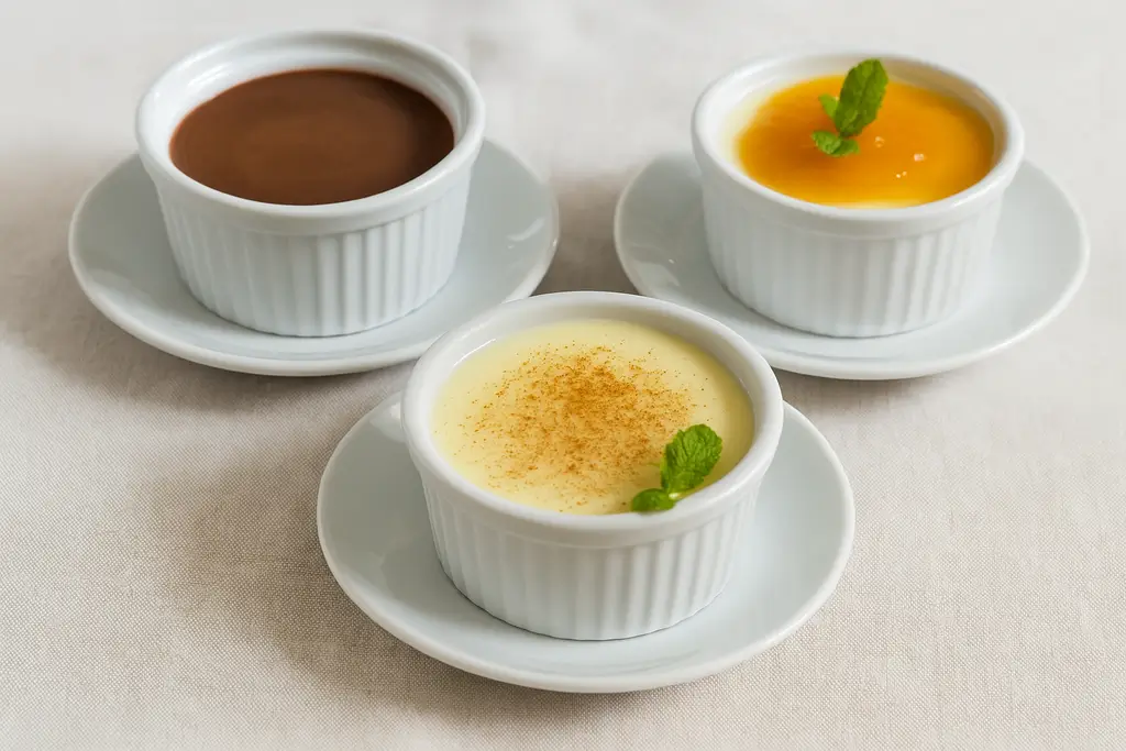 Homemade puddings: vanilla with cinnamon, chocolate, and fruit-topped