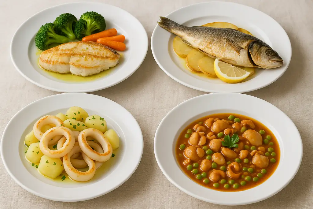 Fish dishes: hake, seabass, squid, tuna, and cuttlefish