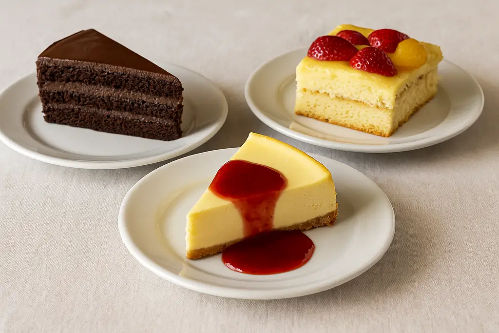 Tartas caseras: tarta de queso, tarta de chocolate y tarta de frutas