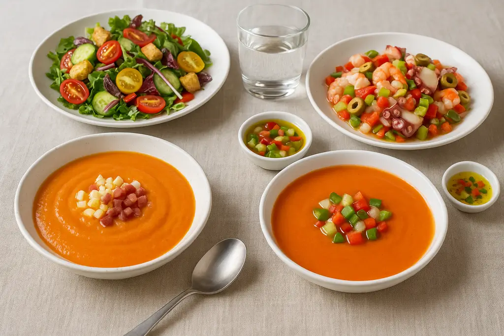 Selection of cold starters: salad, salmorejo, gazpacho, and seafood cocktail