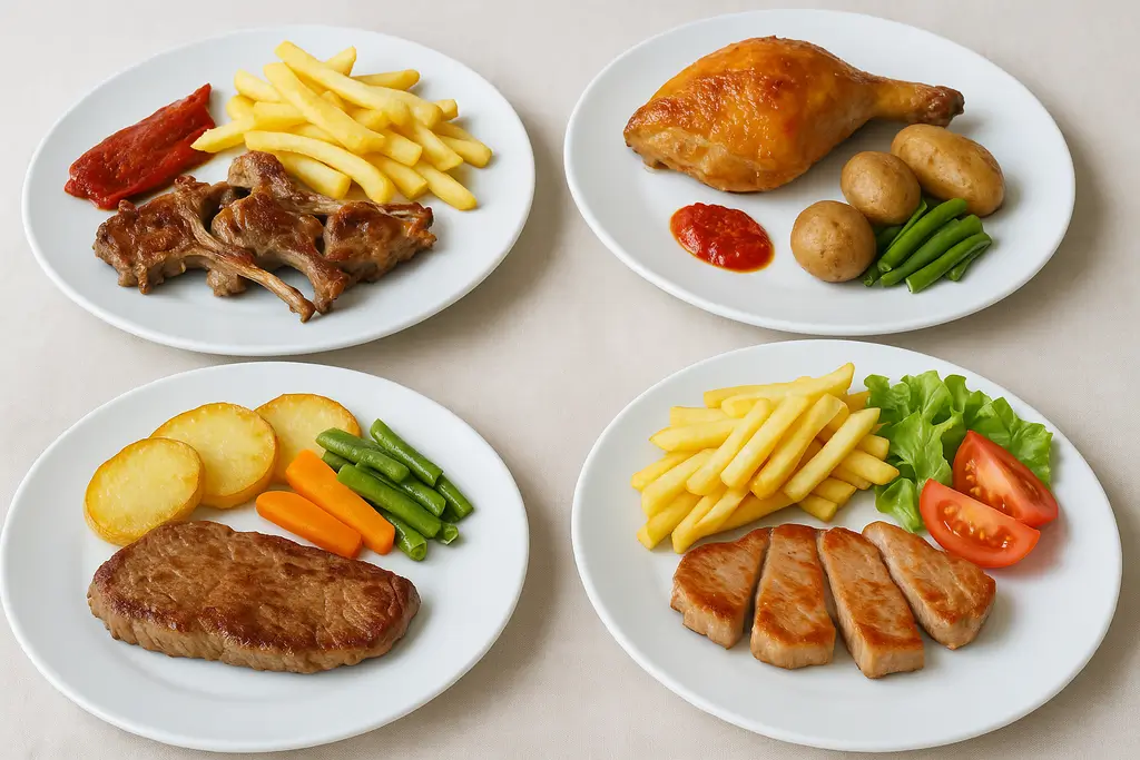 Platos de carne: chuletas de cordero, ternera, pollo asado y cerdo con guarnición