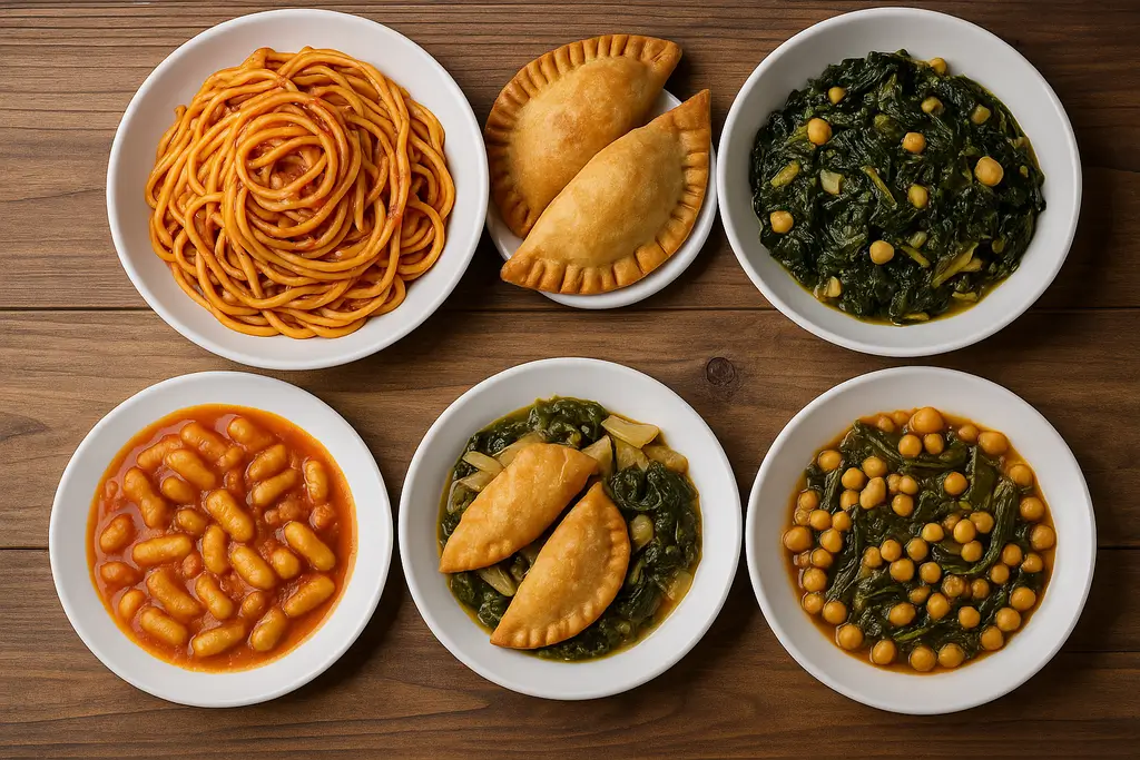 Five assorted dishes featuring pasta, turnovers, and stewed legumes from Restaurante Samoa.