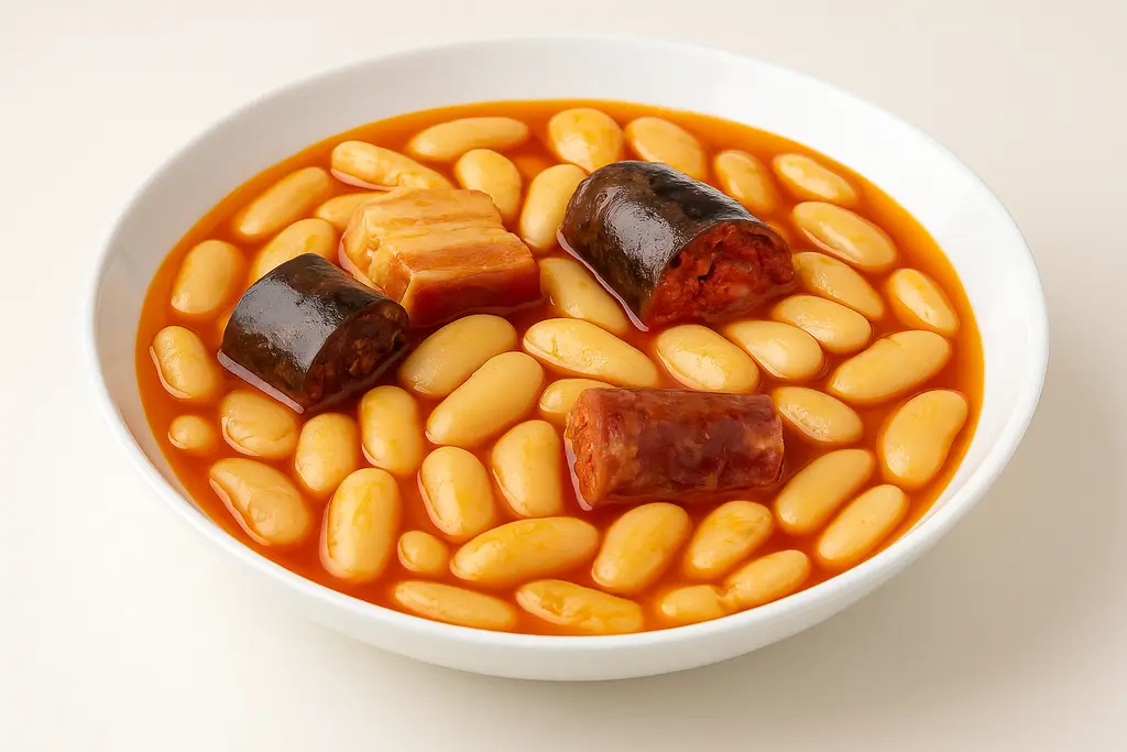 Asturian bean stew with white beans, chorizo, blood sausage, and pork belly
