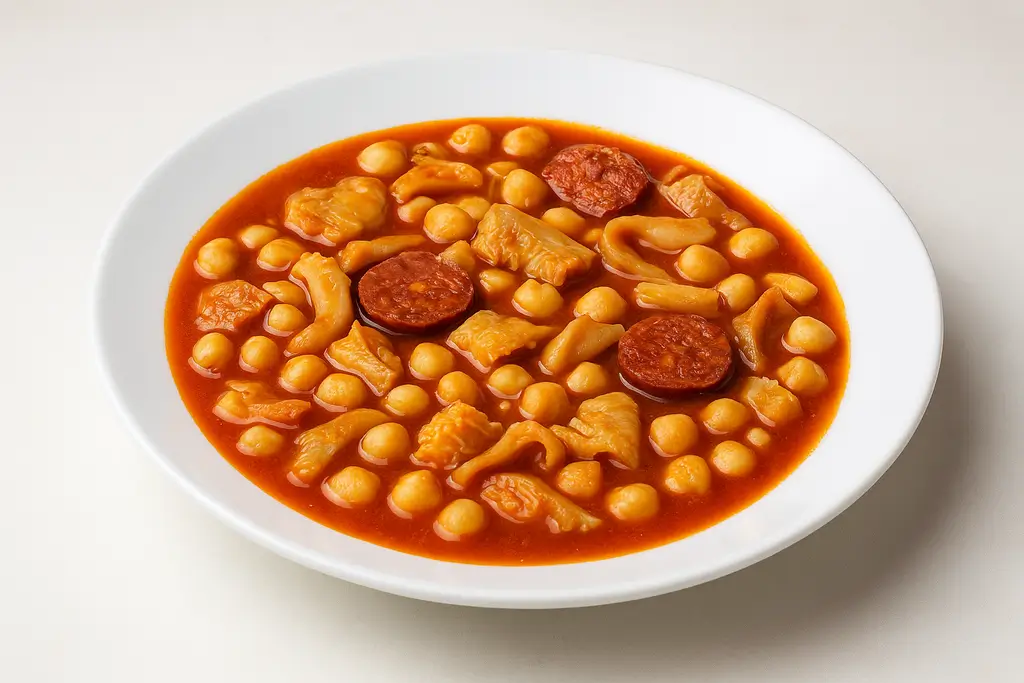 Chickpeas with tripe and chorizo in red sauce, served on a white plate