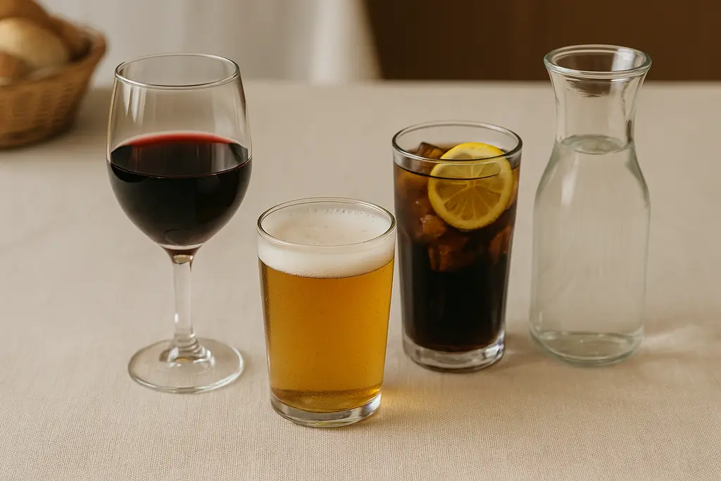 Bebidas servidas en mesa: vino, cerveza, refresco y agua