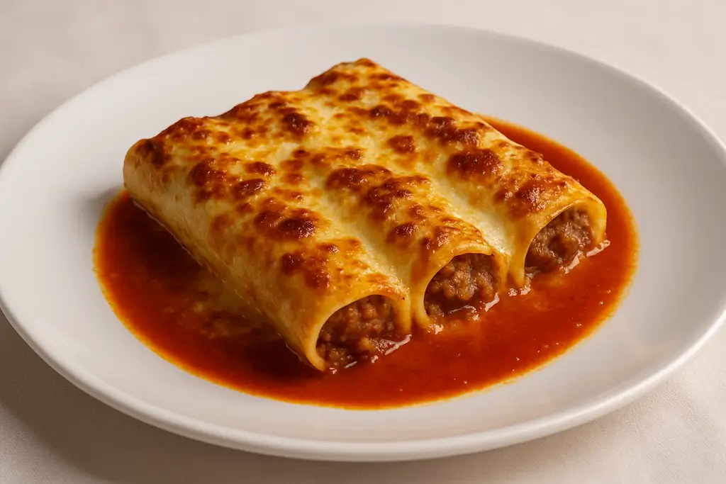 Canelones de carne gratinados con bechamel y queso fundido