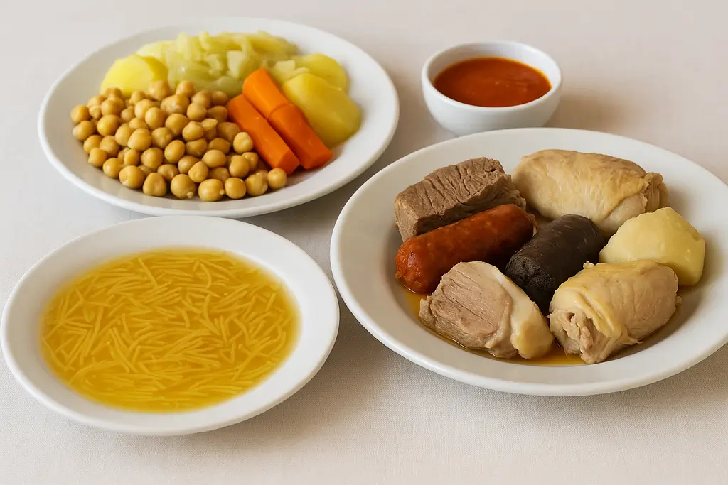 Cocido madrileño con sopa de fideos, garbanzos, verduras y carnes