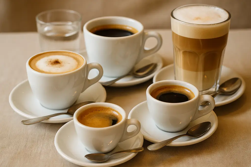 Assorted coffees served at the table in white cups with spoons