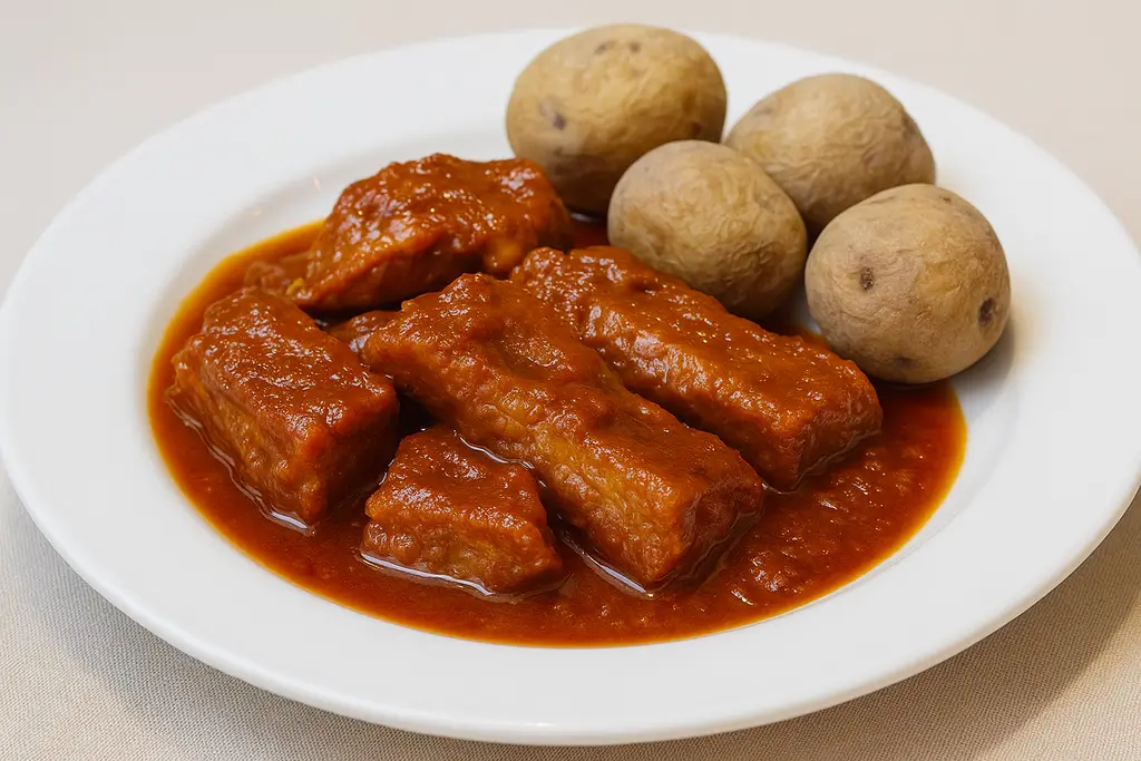Fish in Canarian sauce with wrinkled potatoes served on white plate