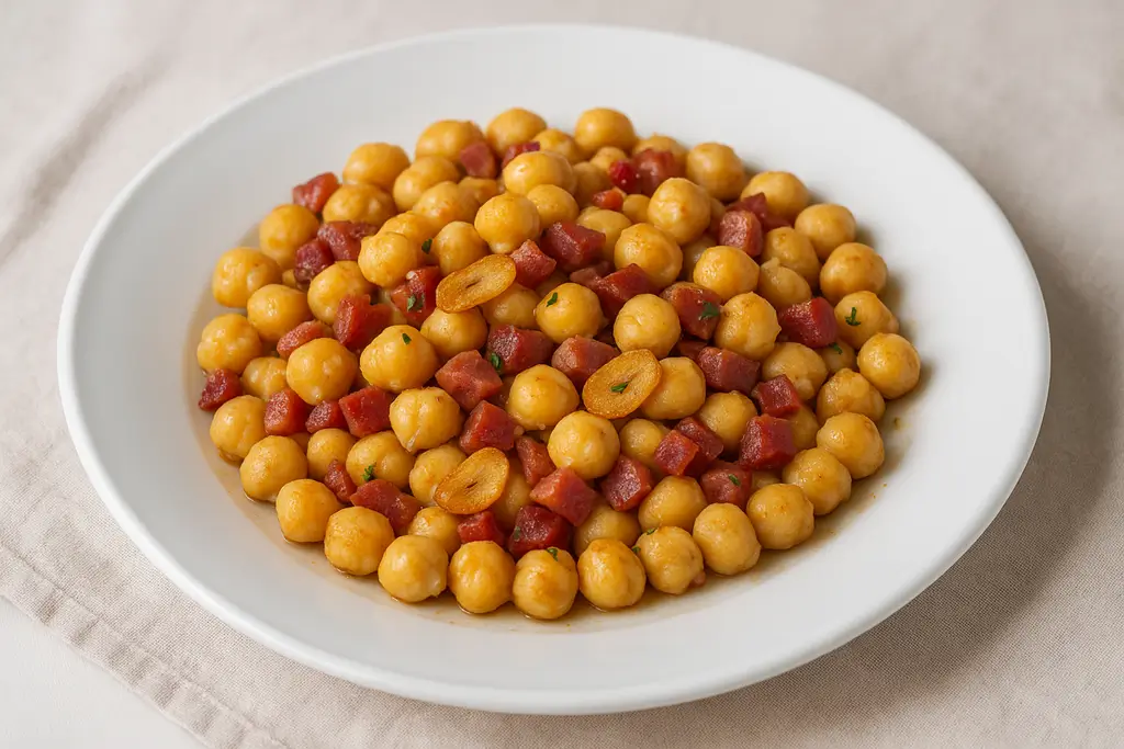 Fried chickpeas with cured ham and garlic slices