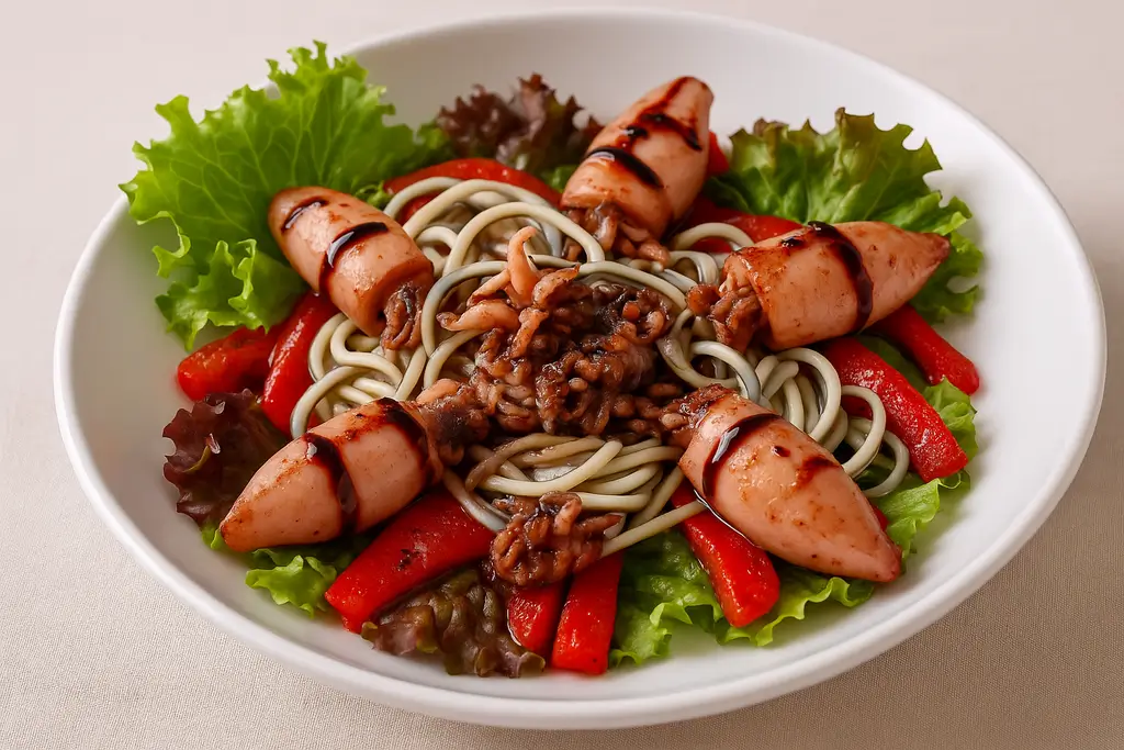 Baby squid and surimi eels sautéed with garlic on a white plate