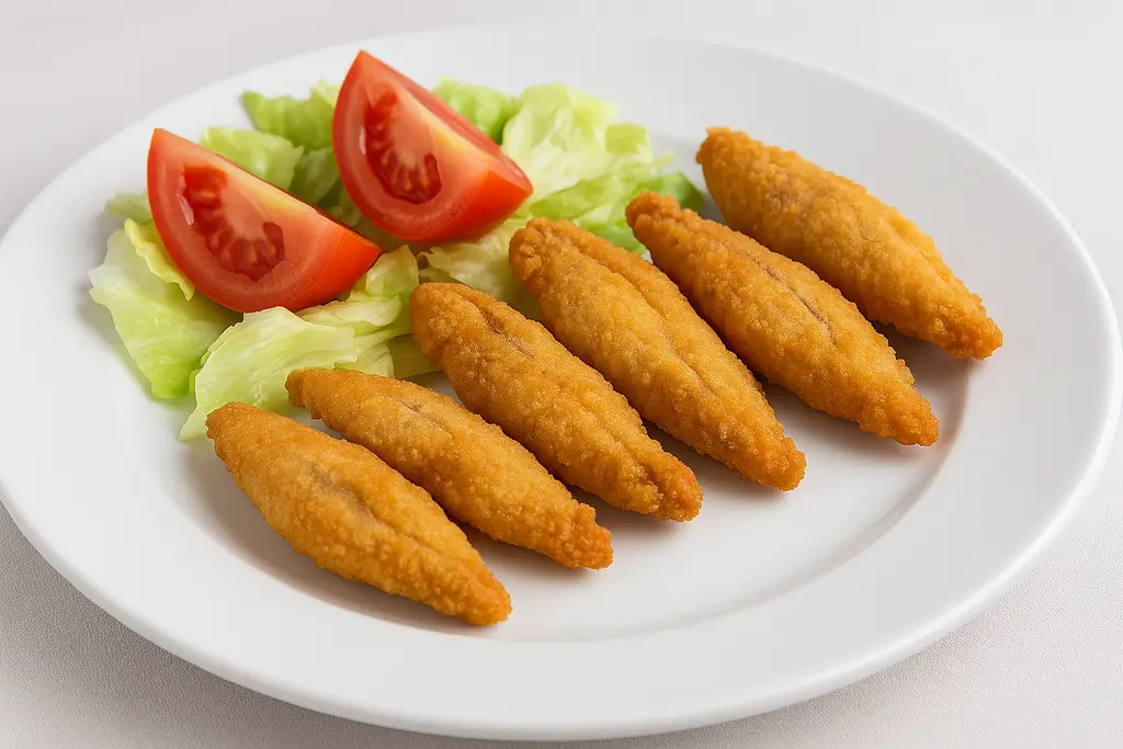 Huevas de bacalao rebozadas y fritas con guarnición de lechuga y tomate