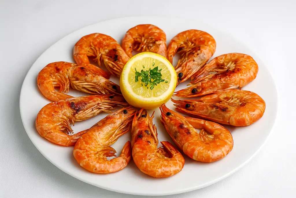 Langostinos a la plancha con limón en plato blanco