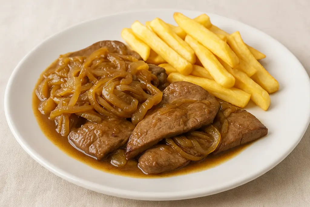 Liver with caramelized onions and French fries