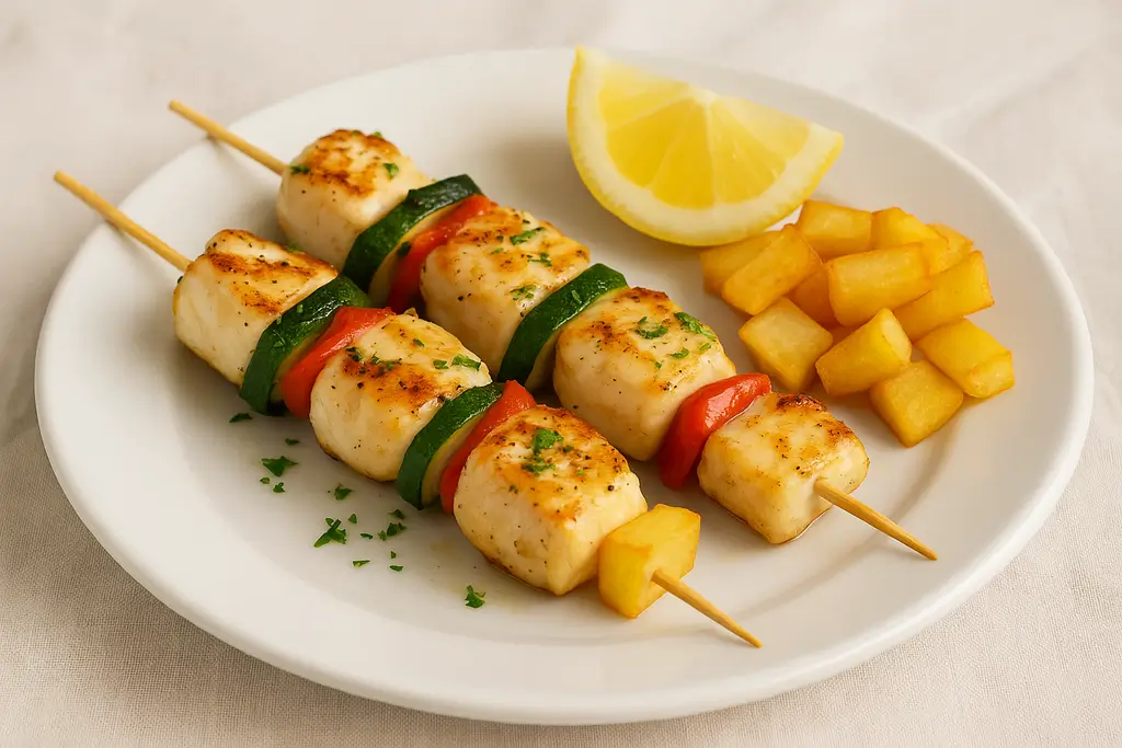 Two monkfish skewers with vegetables, fried potatoes and lemon wedge