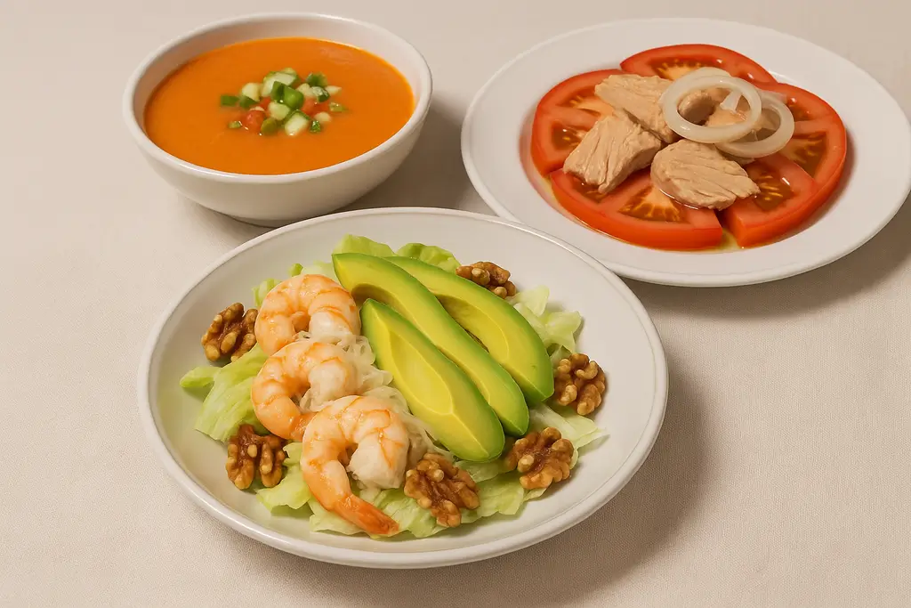 Ensalada tropical, salmorejo y ensalada de ventresca con tomate en platos blancos