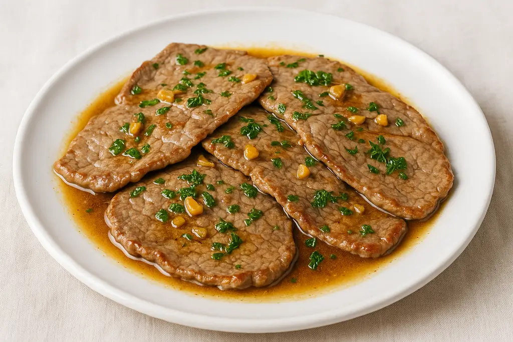 Filetes de ternera salteados con ajo y salsa casera